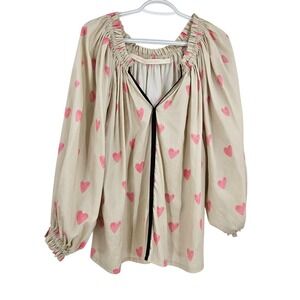 Anna Mason Blouse Top Cream Pink Heart Print Long Balloon Sleeve Peasant Size 12